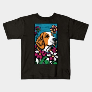 Beagle Dog Vibrant Tropical Flower Tall Retro Vintage Digital Pop Art Portrait Kids T-Shirt